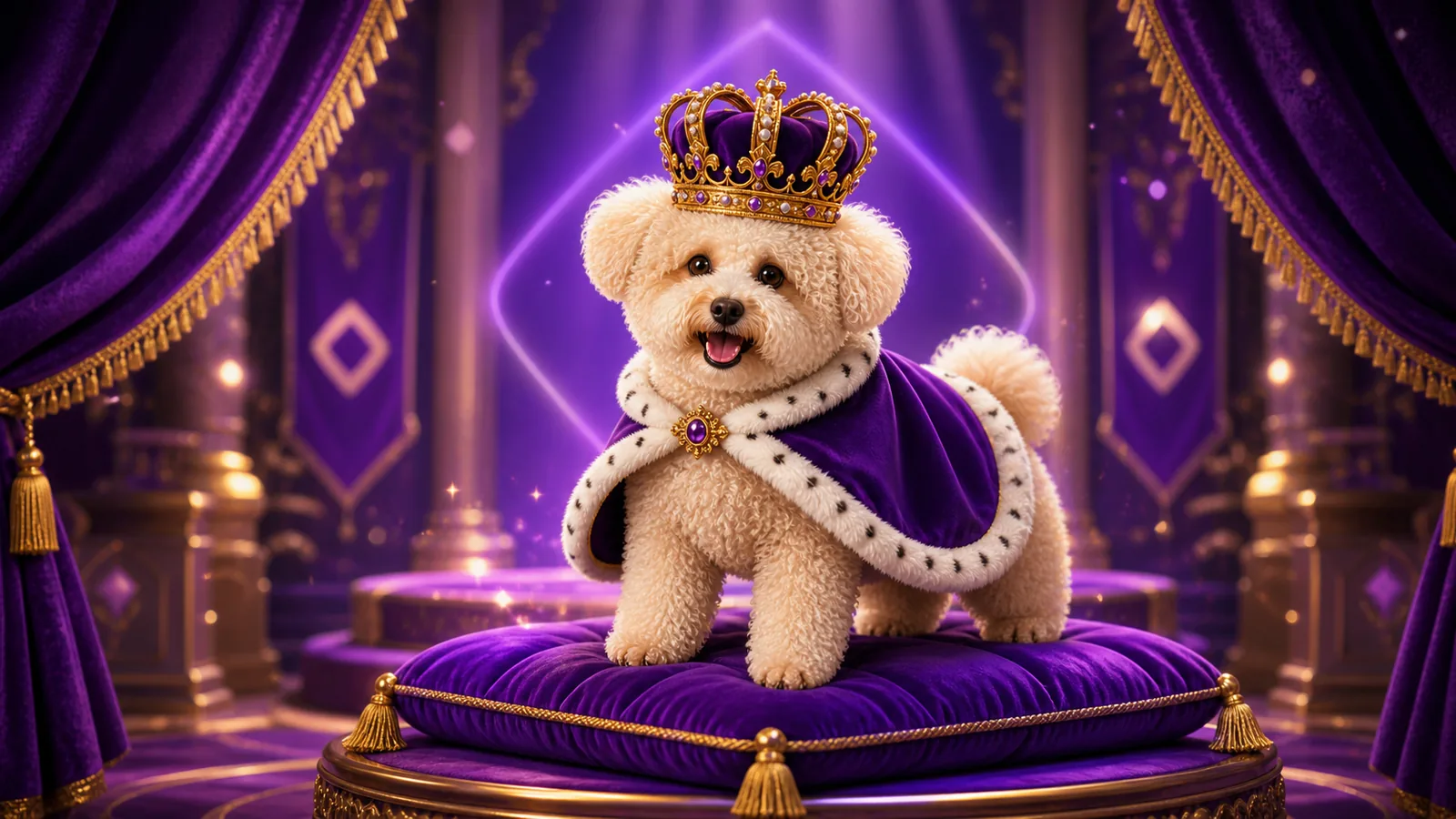 Pam Pam standing on a purple royal cushion in a palace
